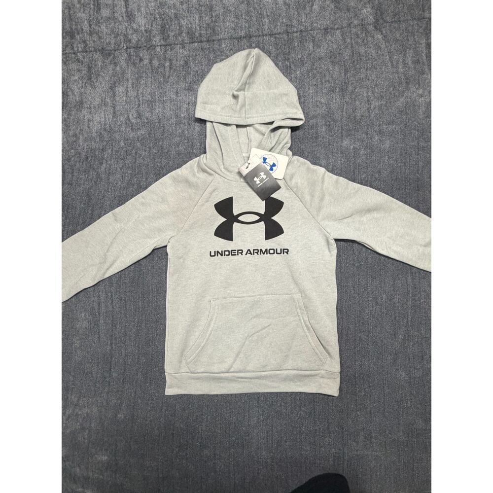 NWT Under Armour Rival Big Logo Fleece Hoodie Boys Small Light Grey Long Sleeve - Picture 8 of 9
